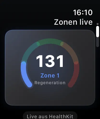 Apple-Watch-Ansicht mit der aktuellen Herzfrequenzzone im Training.