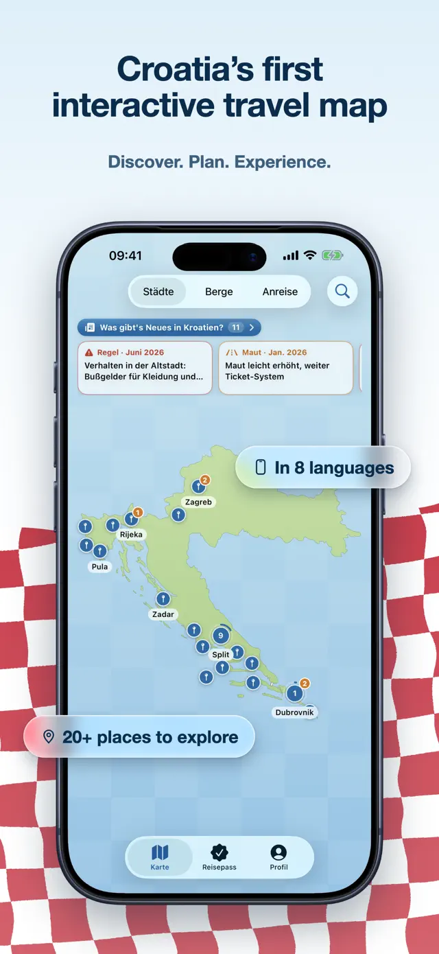Overview map of Croatia with place markers for Zagreb, Rijeka, Pula, Zadar, Split and Dubrovnik plus notice cards about current travel rules.