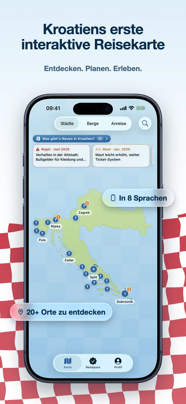 Übersichtskarte von Kroatien mit Ortsmarkierungen für Zagreb, Rijeka, Pula, Zadar, Split und Dubrovnik sowie Hinweiskarten zu aktuellen Reiseregeln.