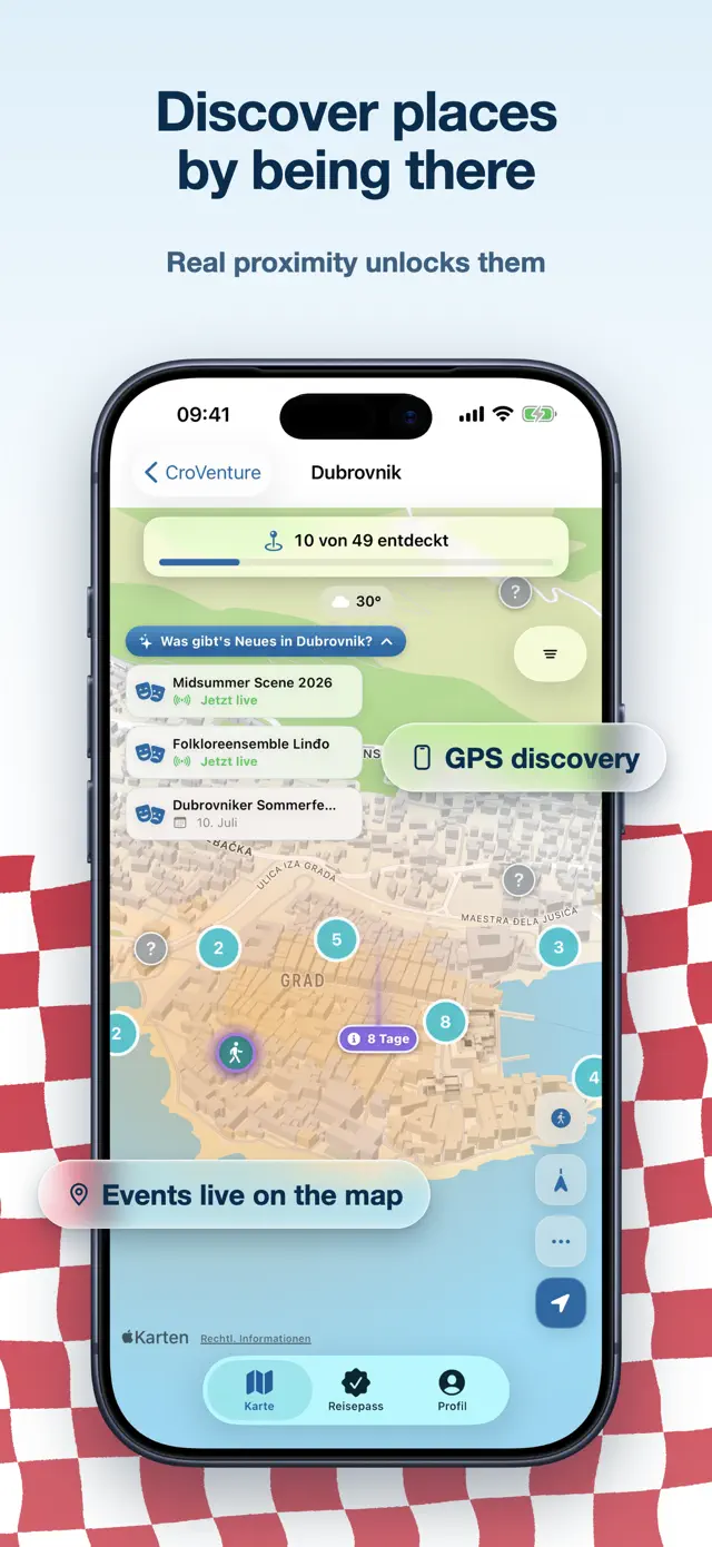 City map of Dubrovnik with a ten of 49 discovered progress bar, a list of live events and markers for places in the old town.