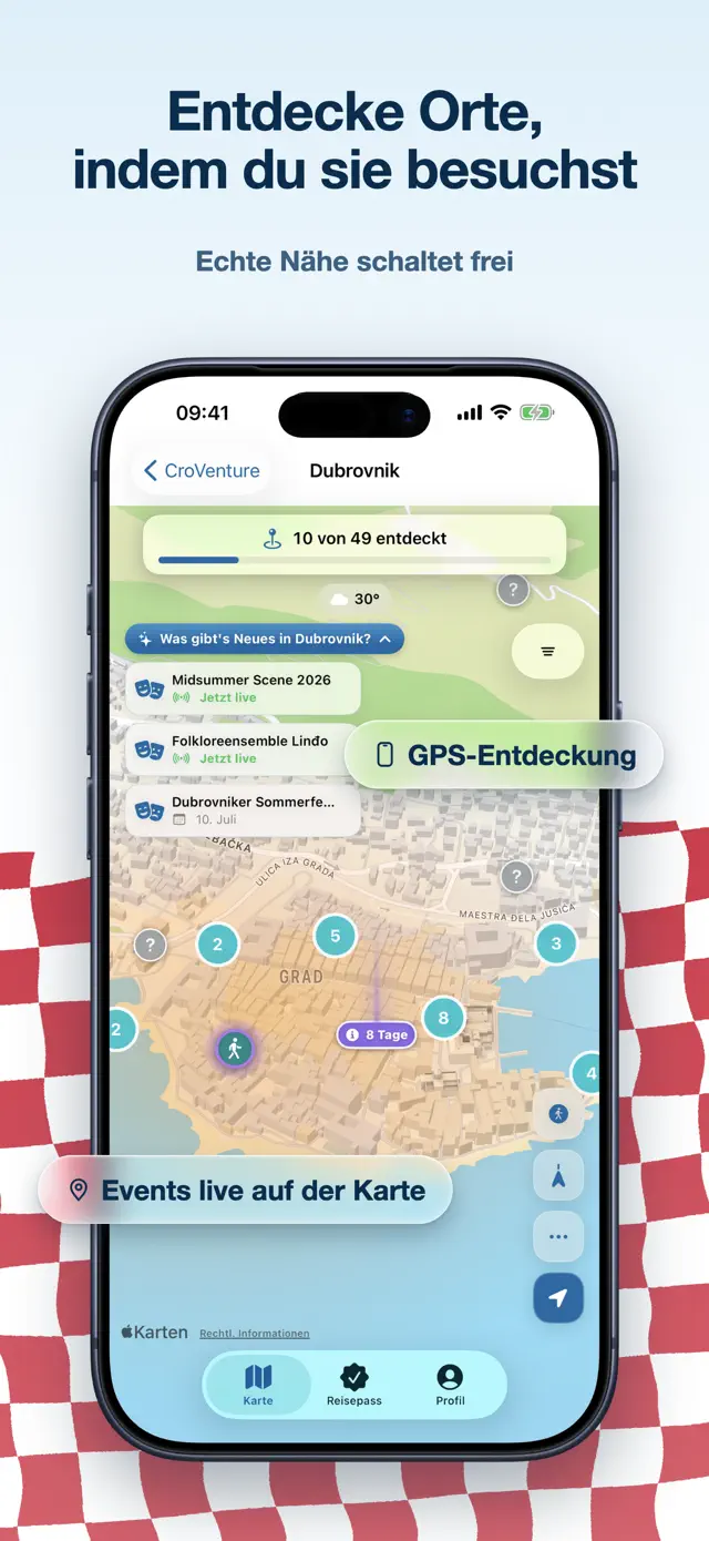 Stadtkarte von Dubrovnik mit der Fortschrittsanzeige zehn von 49 entdeckt, einer Liste laufender Veranstaltungen und Markierungen für Orte in der Altstadt.