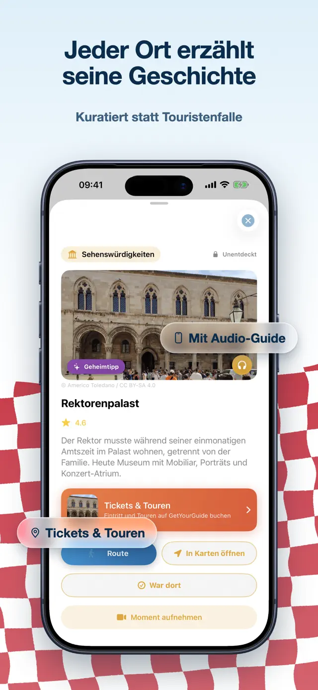 Detailansicht des Rektorenpalasts mit Foto und Bildnachweis, Bewertung, kurzem Text sowie Aktionen für Tickets, Route und Audio-Guide.