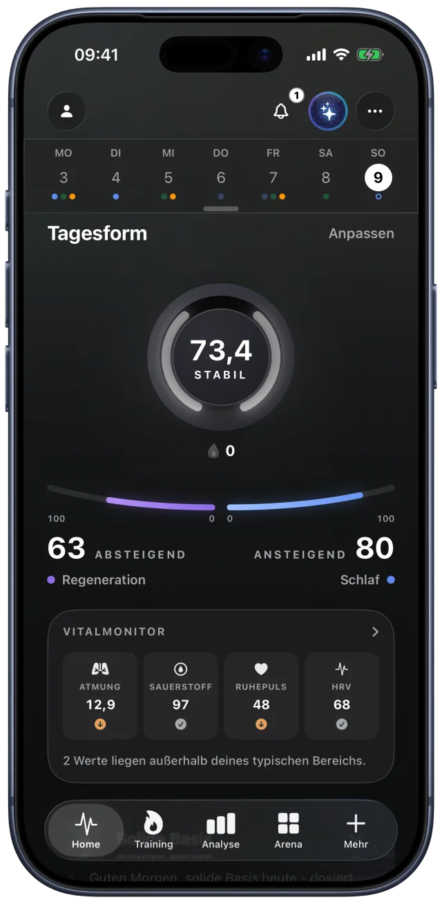 Tagesform-Ansicht mit Gesamtscore, Status und den Einflussfaktoren des Tages.