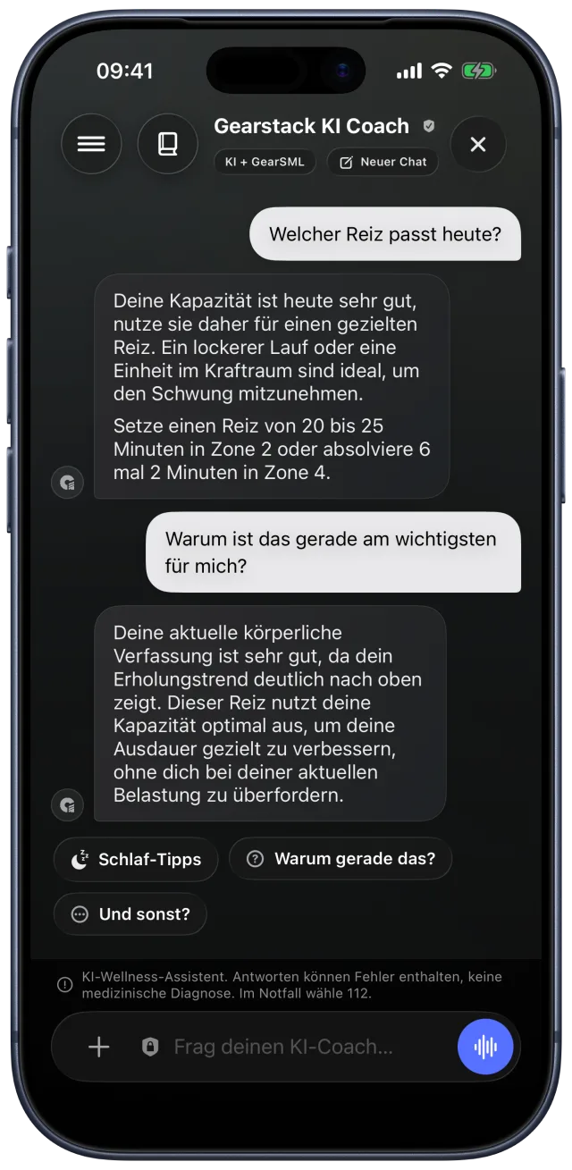 KI-Coach beantwortet eine Trainingsfrage mit einer strukturierten Empfehlung auf Basis der Tagesform.