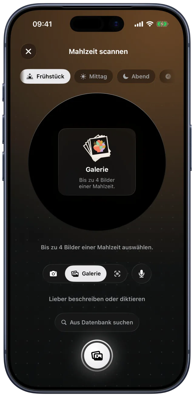 Mahlzeit aus der Galerie scannen: die KI erkennt Gericht und Nährwerte vor dem Speichern.